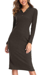 Fashion V neck Fastener Long sleeve Knit Tee Maxi Dresses