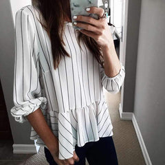 Fashion Stripe Falbala Long sleeve Blouses