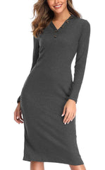 Fashion V neck Fastener Long sleeve Knit Tee Maxi Dresses