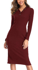Fashion V neck Fastener Long sleeve Knit Tee Maxi Dresses