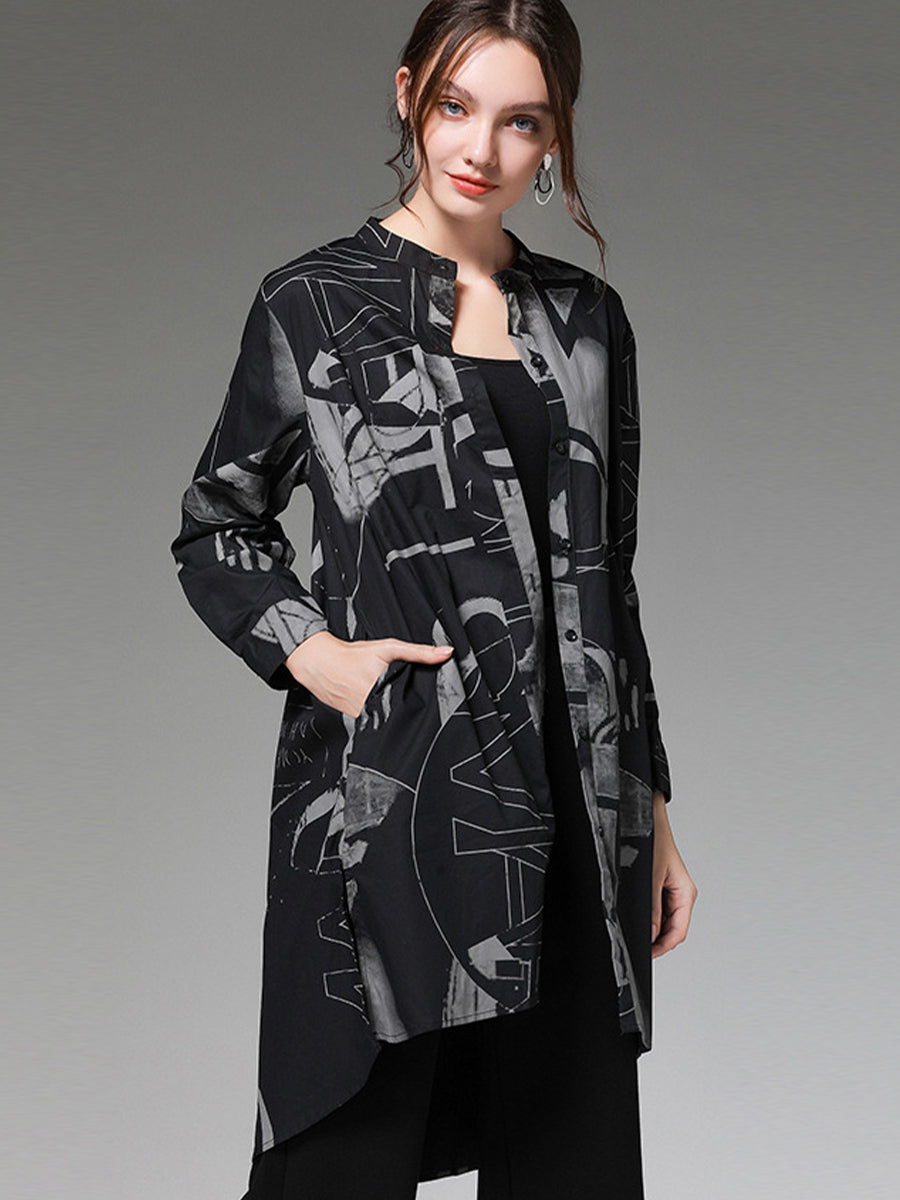 Size Curve Blouses Stand Collar Fashion Printed Long Sleeve Blouse
