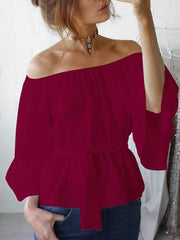Solid color chiffon Loose Off Shoulder Flared sleeves T-shirts