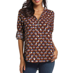 Fashion Zipper V neck Print Long sleeve Blouses