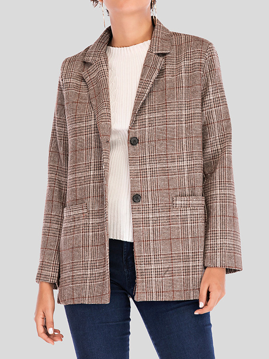 Plaid Notched Lapel One Button Houndstooth Coat