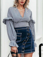 Fashion V neck Plaid Falbala Longt sleeve Blouses