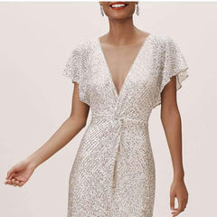 Fashion V neck Short sleeve Paillette Evening Dresses