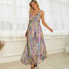 Fashion Stripe print V neck Vest Skater Maxi Dresses