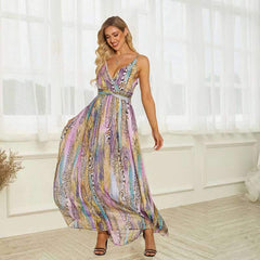 Fashion Stripe print V neck Vest Skater Maxi Dresses