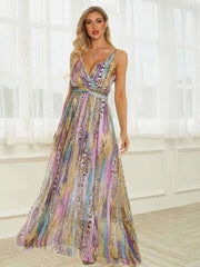 Fashion Stripe print V neck Vest Skater Maxi Dresses