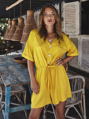Fashion V neck Lacing Fastener Half sleeve Jumpsuits
