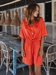 Fashion V neck Lacing Fastener Half sleeve Jumpsuits