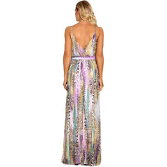 Fashion Stripe print V neck Vest Skater Maxi Dresses