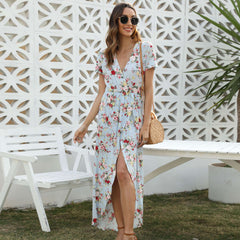 Fashion V neck Print Short sleeve Maxi Dresses