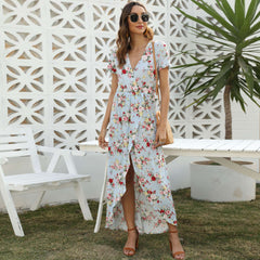 Fashion V neck Print Short sleeve Maxi Dresses