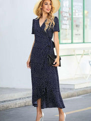 Fashion V neck Short sleeve Print Irregular Falbala Maxi Dresses