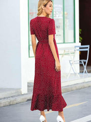 Fashion V neck Short sleeve Print Irregular Falbala Maxi Dresses