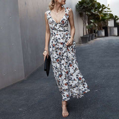 Fashion V neck Print Sleeveless Maxi Dresses