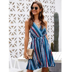 Fashion V neck Stripe Vest Lacing Skater Dresses