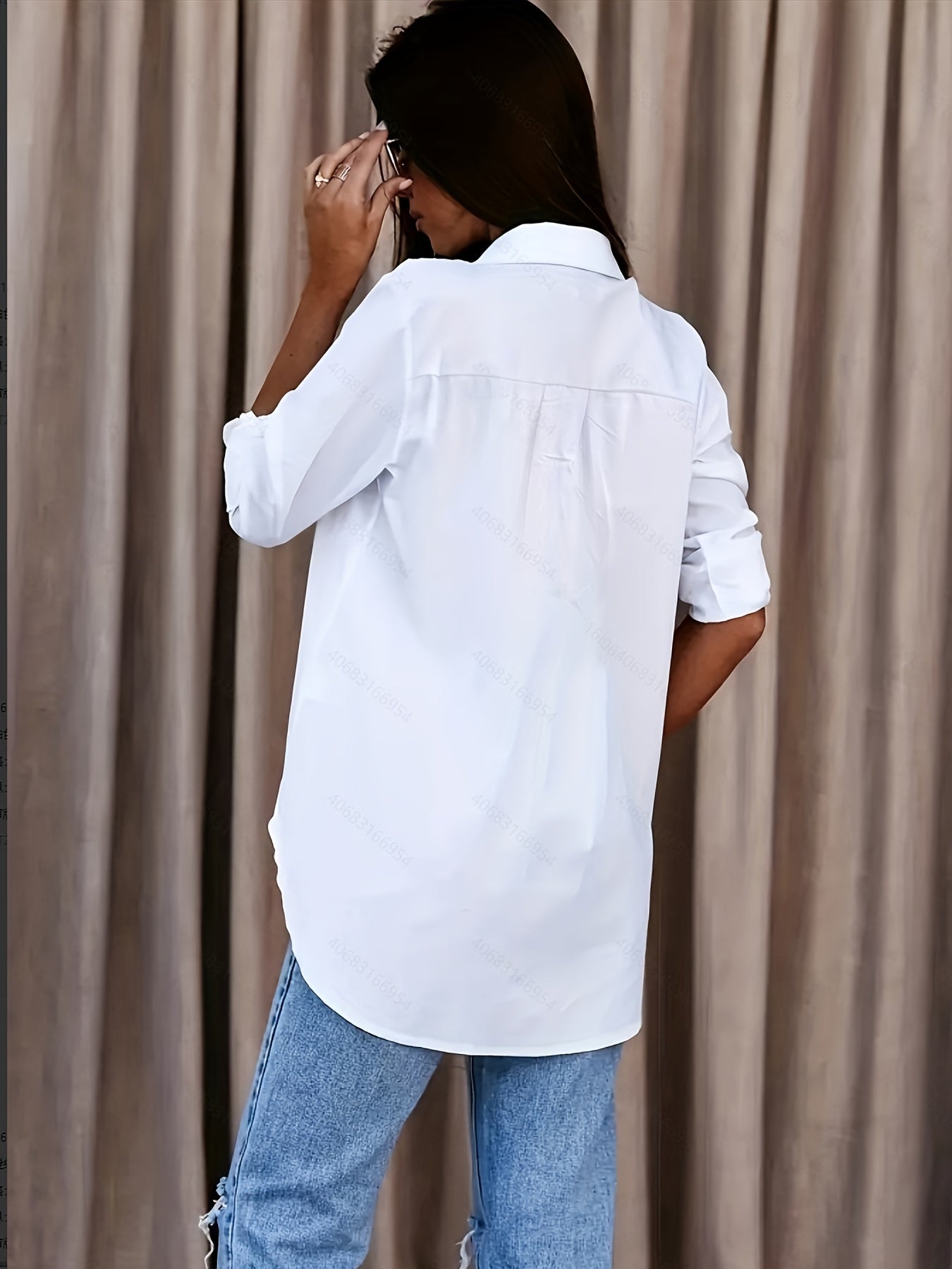 Plus Size Simple Blouse, Women's Plus Solid Roll Up Sleeve Lapel Collar Slight Stretch Blouse
