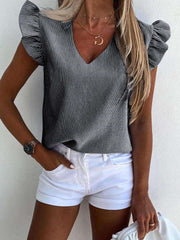 Fashion Stripe V neck Falbala Short sleeve Blouses