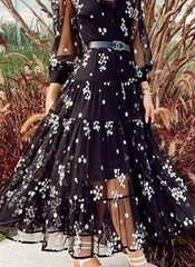 Fashion Sexy Print V neck Grenadine Long sleeve Maxi Dresses