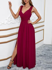 Spring solid Split Hem Lace maxi Dresses