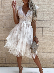 Fashion Solid Mesh V Neck Cake Skirt Dresses(3 Colors)