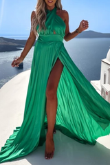 Fashion Solid High Opening Halter Cake Maxi Dresses