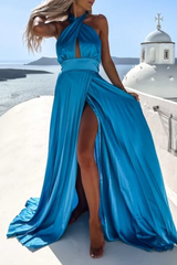 Fashion Solid High Opening Halter Cake Maxi Dresses