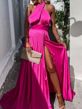Fashion Solid High Opening Halter Cake Maxi Dresses