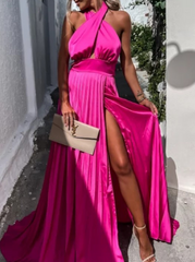 Fashion Solid High Opening Halter Cake Maxi Dresses