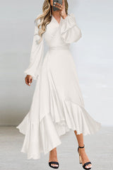 Fashion Sexy Solid Patchwork With Belt V Neck Asymmetrical Long Dresses