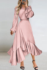 Fashion Sexy Solid Patchwork With Belt V Neck Asymmetrical Long Dresses