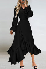 Fashion Sexy Solid Patchwork With Belt V Neck Asymmetrical Long Dresses