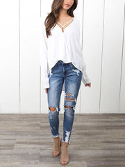 Fashion Sexy V-Neck Long Sleeved Chiffon Medium Long Blouses