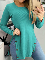 Street Buttons Solid Color O Neck Tops(7 Colors)