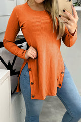 Street Buttons Solid Color O Neck Tops(7 Colors)