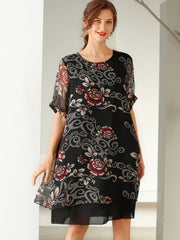 Size Curve Dresses Temperament Print Slim Short Sleeved Mini Dress