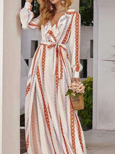 Fashion Stripe print V neck Long sleeve Lacing Falbala Maxi Dresses