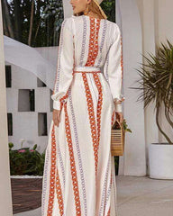Fashion Stripe print V neck Long sleeve Lacing Falbala Maxi Dresses
