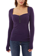 Square Neck Patchwork Zipper Plain Long Sleeve Woman T-Shirts