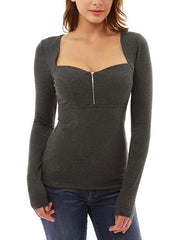 Square Neck Patchwork Zipper Plain Long Sleeve Woman T-Shirts