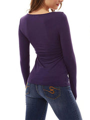 Square Neck Patchwork Zipper Plain Long Sleeve Woman T-Shirts