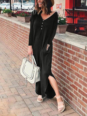 Fashion women solid button long sleeve maxi dresses