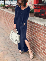 Fashion women solid button long sleeve maxi dresses