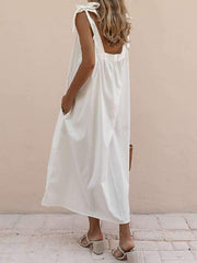 Shoulder Stripes Women Cotton Linen Casual Maxi Dresses