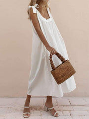 Shoulder Stripes Women Cotton Linen Casual Maxi Dresses