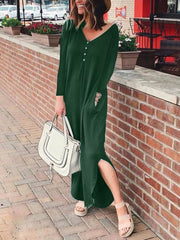 Fashion women solid button long sleeve maxi dresses