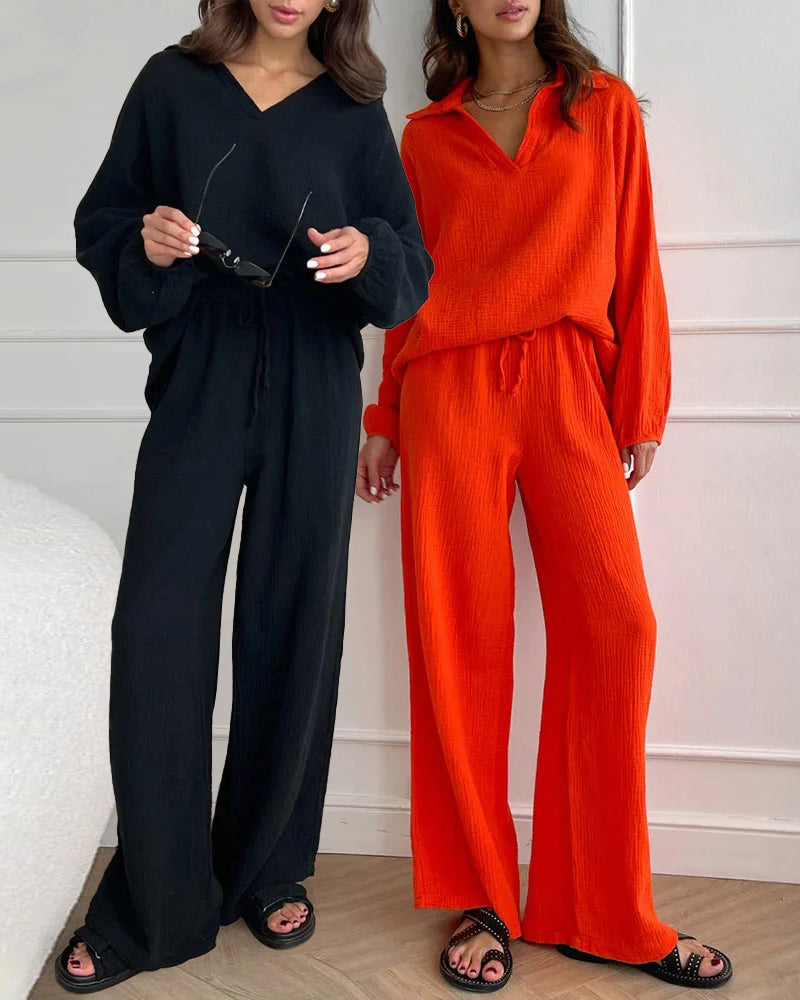 4Pcs Outfits Black Sets+Orange Sets Simple V-Neck Tops + Casual Wide Leg Pants