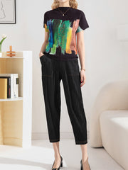 Embroidered Stretch Print Loose T-Shirt